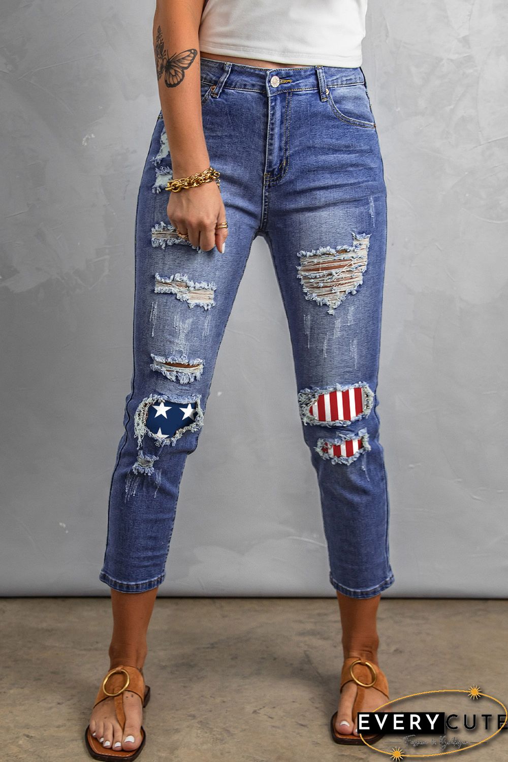 US Flag Patchwork Distressed Slim-fit Boyfriend Jeans