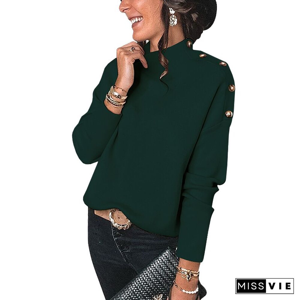 Fashion Turtleneck Button Pullover Women'S Single-Breasted Sweater Long Sleeve Knitted Winter Loose Solid Color Autumn Tops