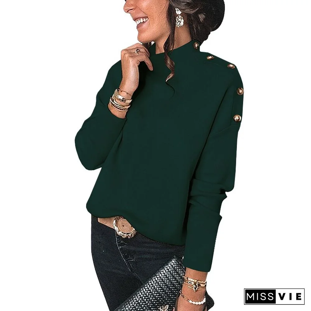 Fashion Turtleneck Button Pullover Women'S Single-Breasted Sweater Long Sleeve Knitted Winter Loose Solid Color Autumn Tops