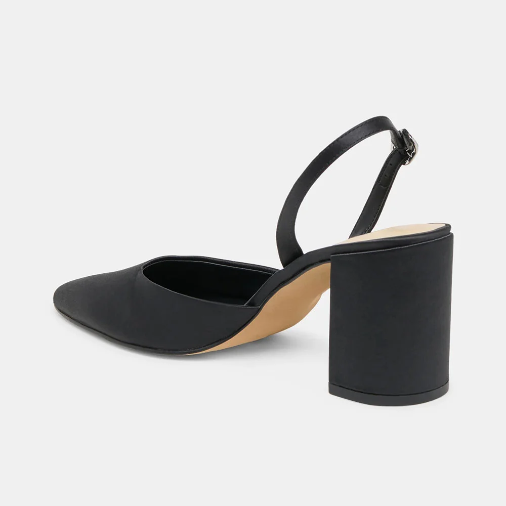 Satin Pointed Toe Block High Heel Slingback Black Pumps for Women