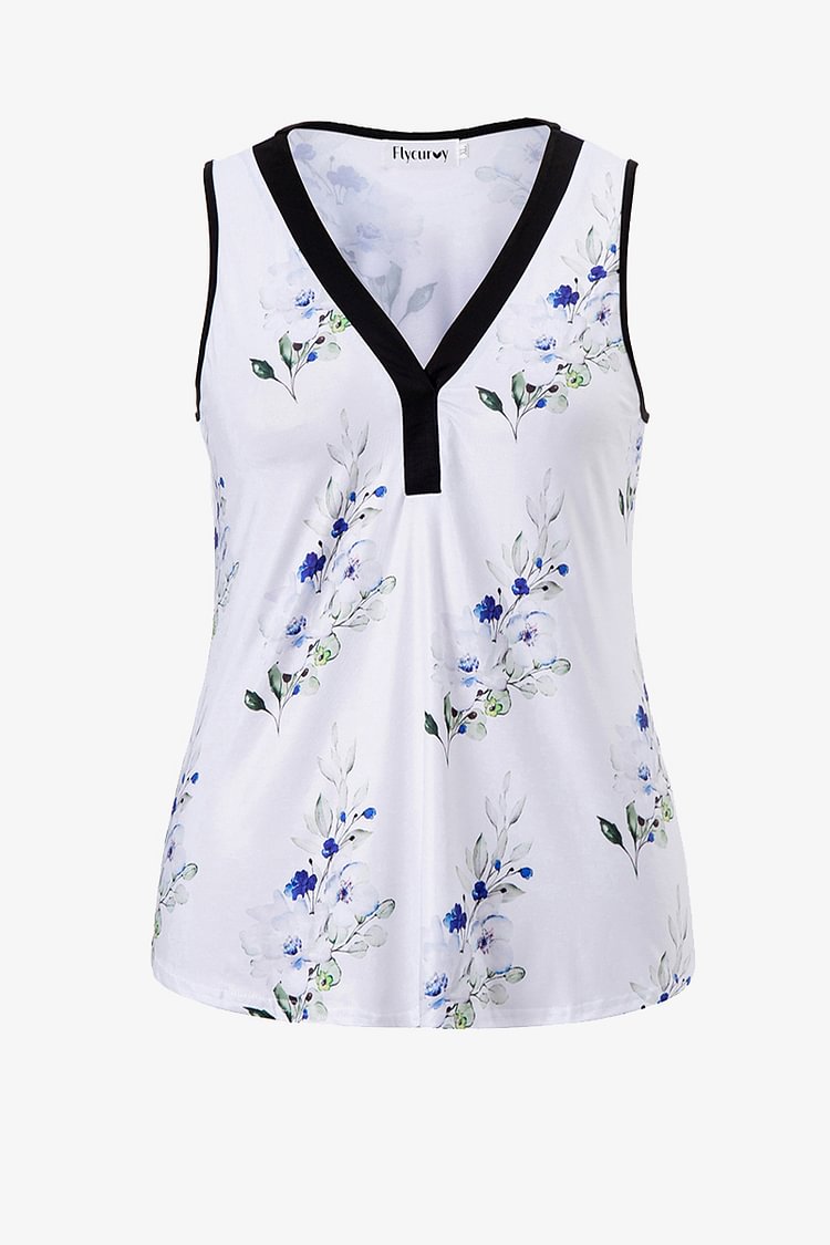 Plus Size Floral Print Casual V Neck Tank Top  Flycurvy [product_label]