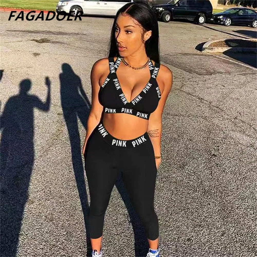 FAGADOER Sport Two Piece Set Women PINK Letter Print Tracksuit Summer Sportswear Crop Vest Jogger Leggings Pants Suits Outfits