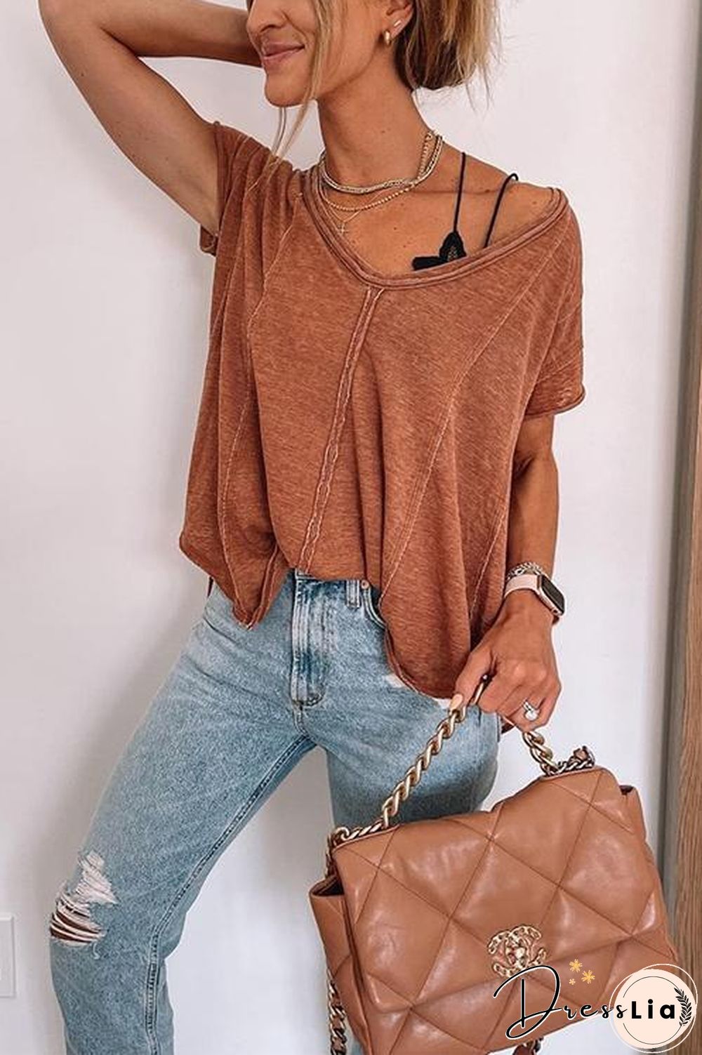 Jada V Neck Short Sleeve Solid T Shirt