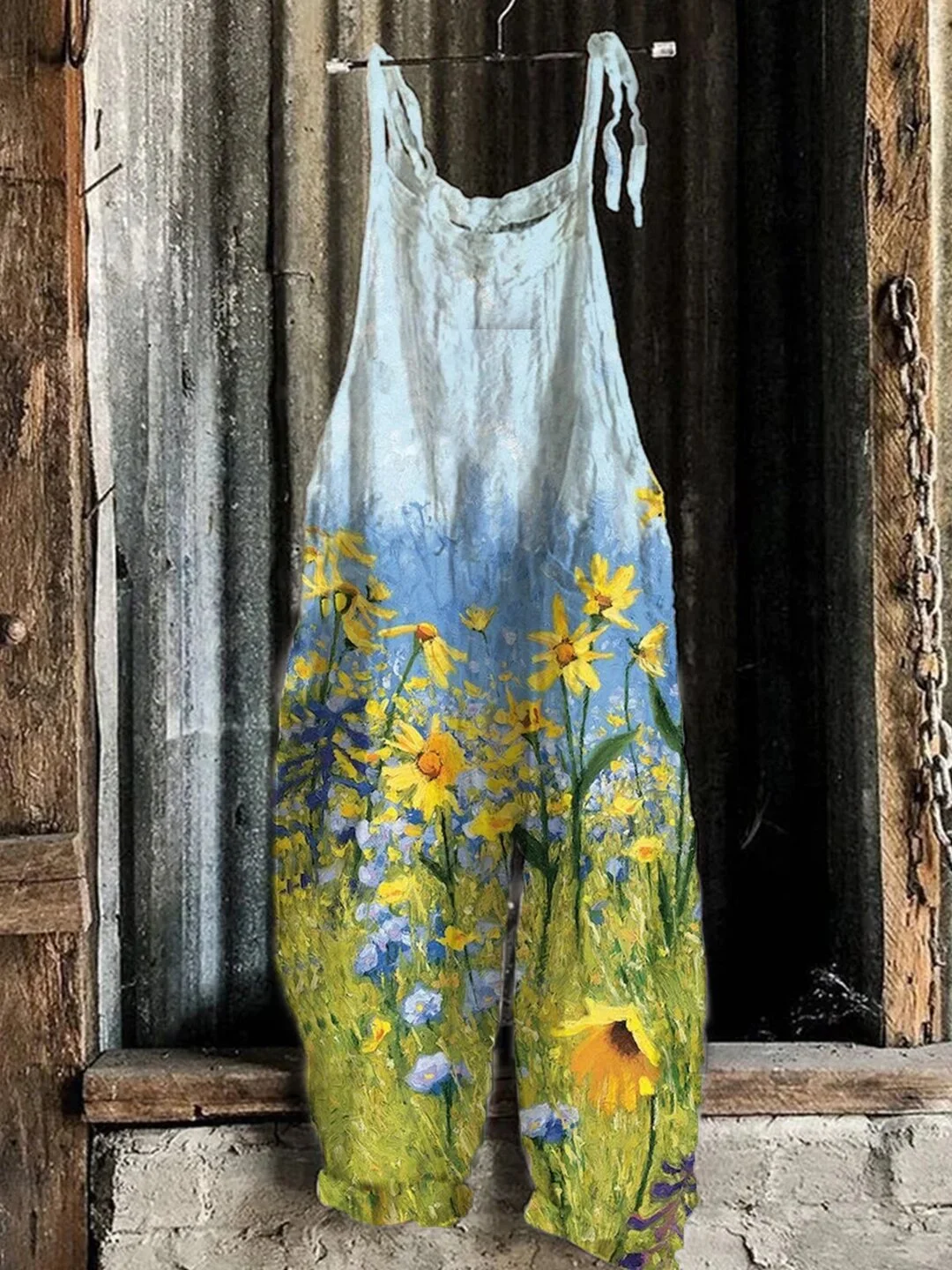 Brownm Summer Slub Linen Vintage Print Wide Dresses