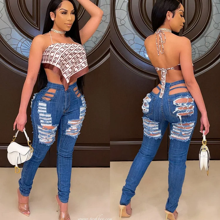 Women Distressed Denim Jeans Ripped Jean Worn Stretch Ripped Jeans Women's Trousers
