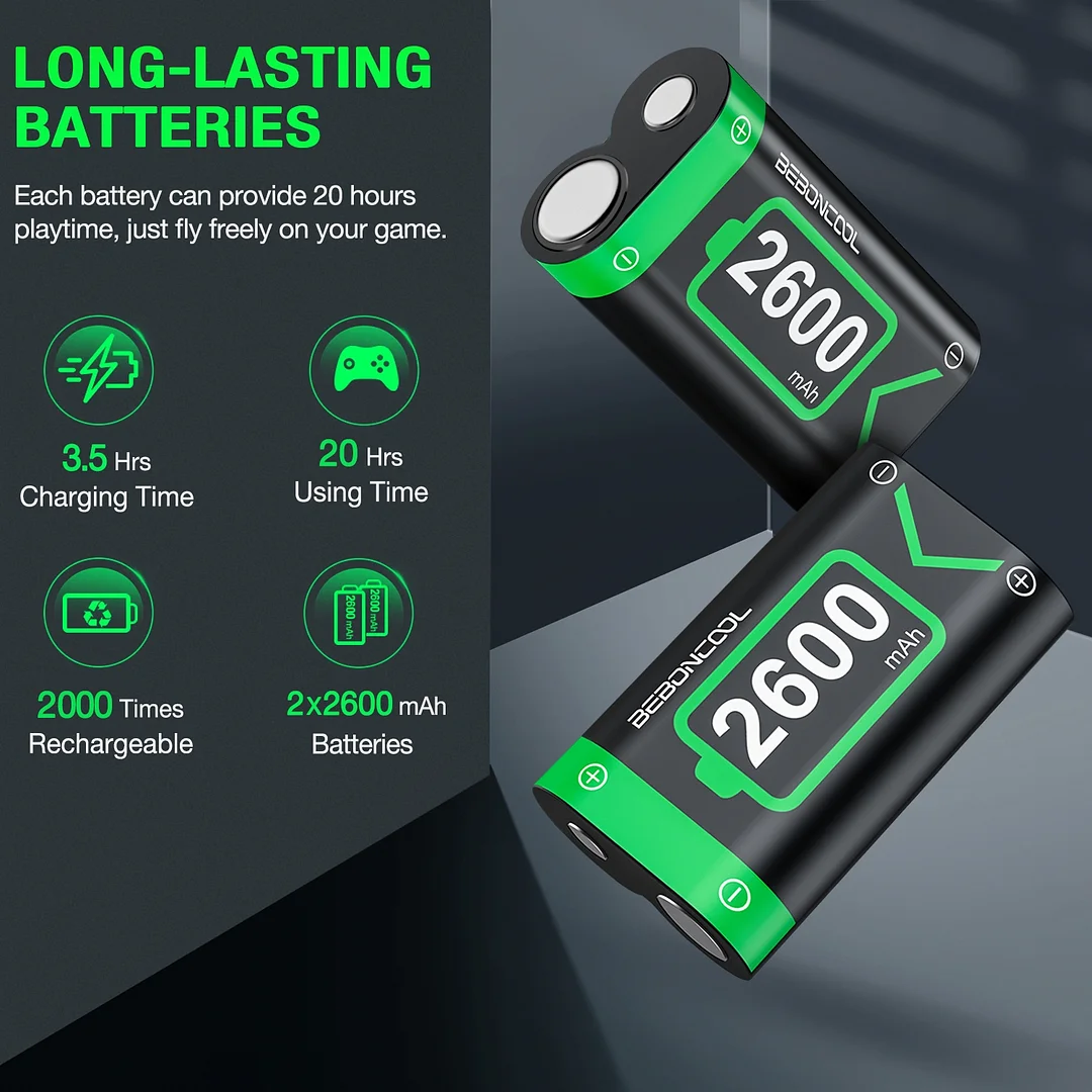 Dinofire 2 x2600mAh Rechargeable Battery Pack For Xbox Series X/S/Xbox One S/X Controlle Battery For Xbox One + USB Quick Battery Charger