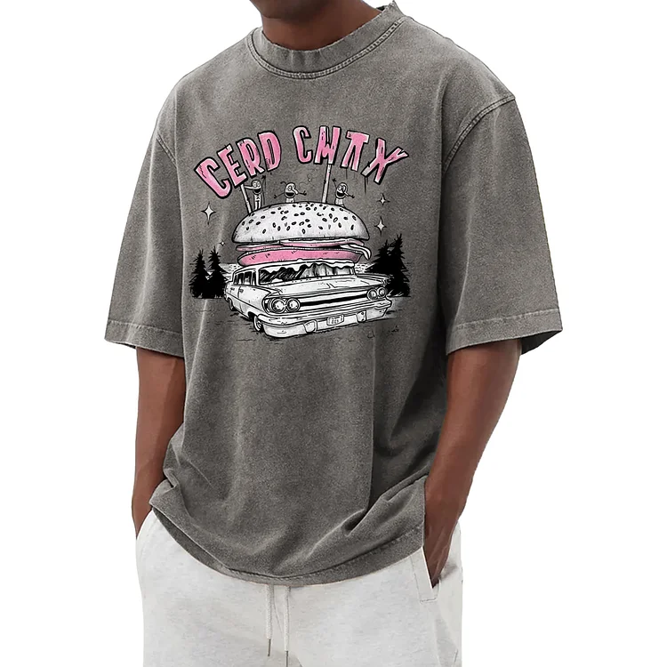 Funny hamburger graphic washed T-shirt