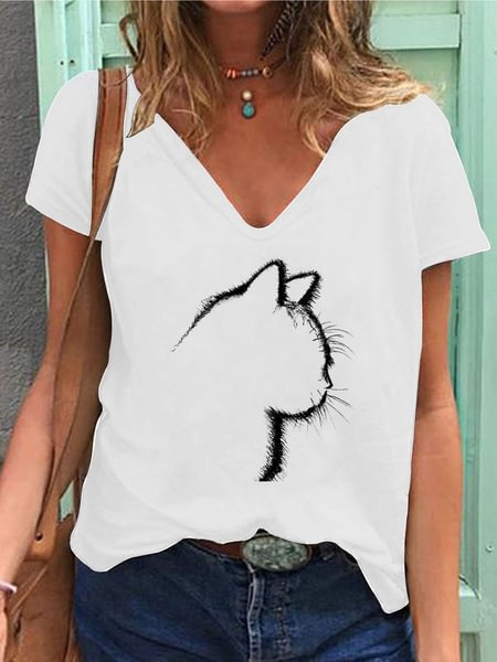 Summer Fashion Women's Clothing Cats Printed Casual V-neck T-shirt Short Sleeve Solid Color Tops Ladies Plus Size Blouse - BlackFridayBuys