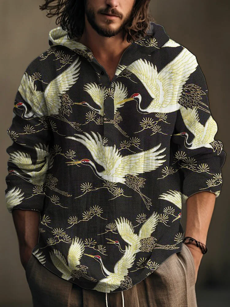 Cranes & Pine Trees Japanese Pattern Linen Blend Hooded Shirt