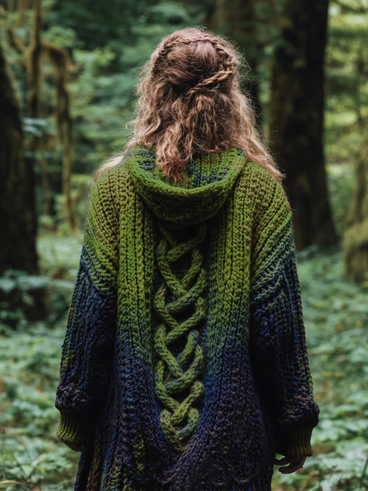 VChics Women's Celtic Knot Retro Rainbow Chunky Knit Hooded Cardigan