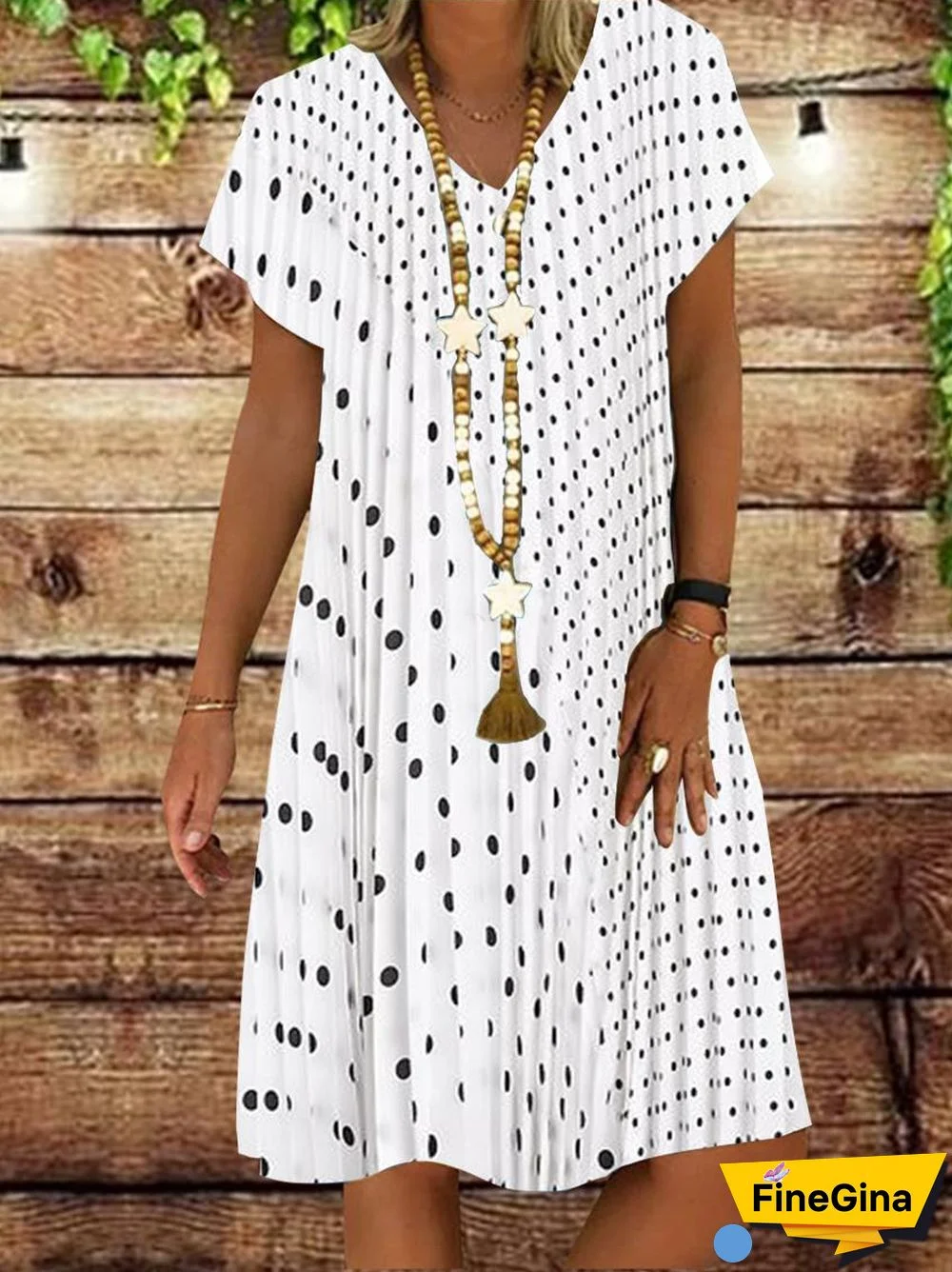 Women Casual Short Sleeve V-Neck Polka Dot Printed Midi Dress