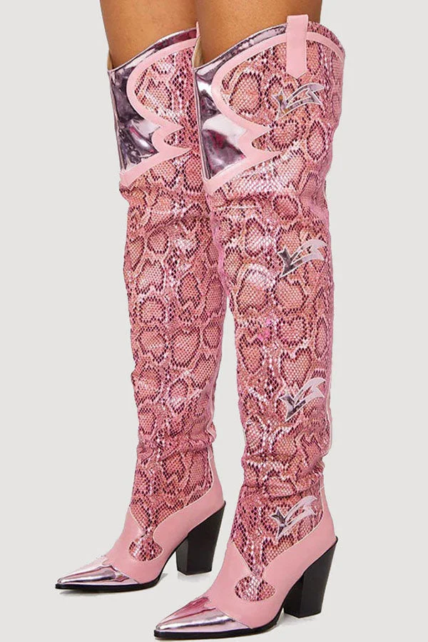 Pink Snake Print Patchwork Modern Boots