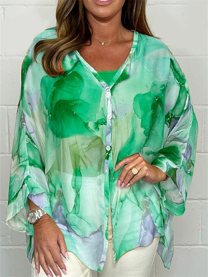Fashion New Digital Printing Lantern Sleeves Pile Collar Long-sleeved Loose Type Temperament Elegant Commuter Blouse Women