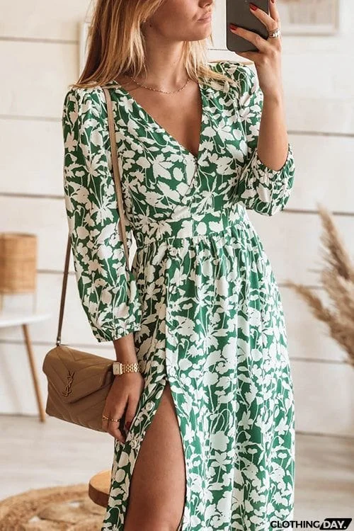 Print Seven Sleeve Slit Wrap Maxi Dress