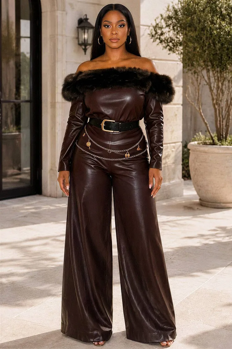 Xpluswear Design Plus Size Party Elegant Faux Fur Brown Off The Shoulder Long Sleeve Pocket Contrast PU Leather Jumpsuits [Pre-Order] 2024 - Xpluswear