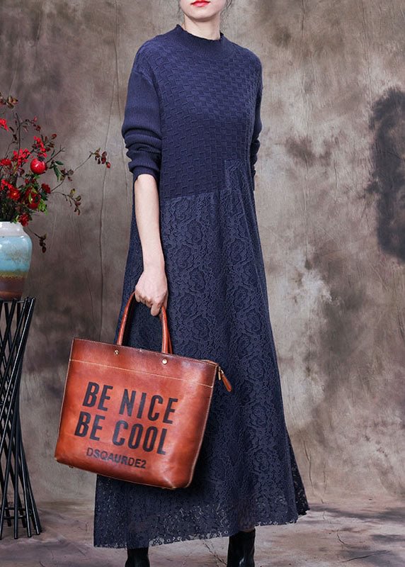 Modern Blue Knit Patchwork Lace Vacation Dresses Spring CK2518- Fabulory
