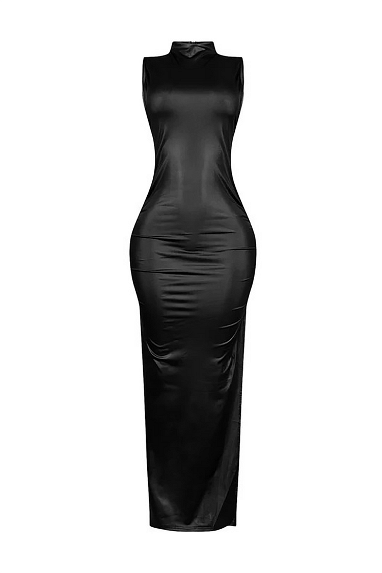 Stand Collar Sleeveless PU Leather Bodycon Side Slit Maxi Dresses-Black