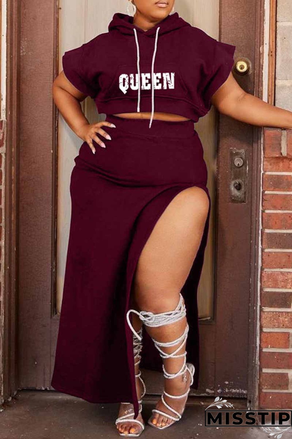 Black Fashion Casual Letter Print Slit Hooded Collar Two Pieces