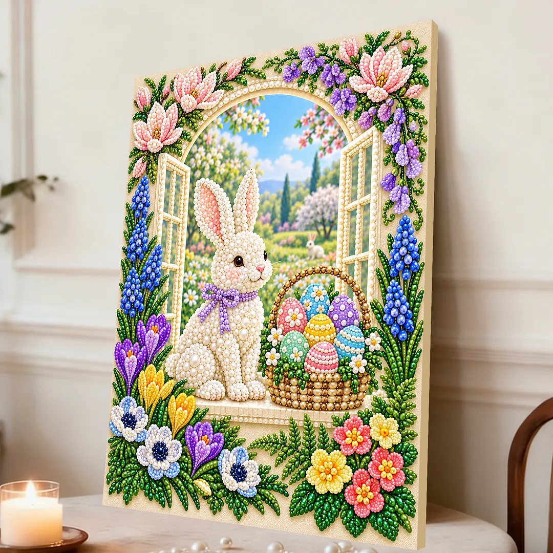 Pearl Painting Kit for Adults Easter Bunny Home Decor Framed 11.81x15.75in