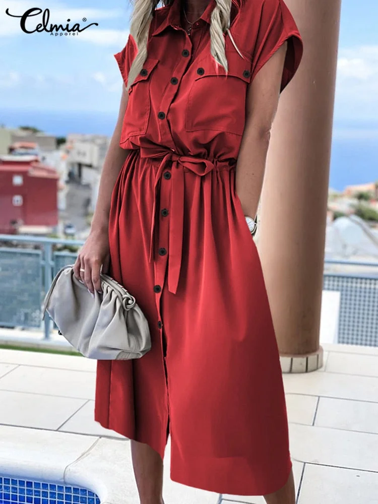 Celmia Elegant Dress 2022 Fashion Summer Women Lapel Party Dress Short Sleeve Casual Buttons Vintage High Waist Midi Vestidos
