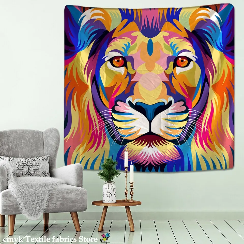 lion tapestry printed oil painting art tapestry psychedelic animal Cartoonwall hanging beach towelHanging Kids Room Decor