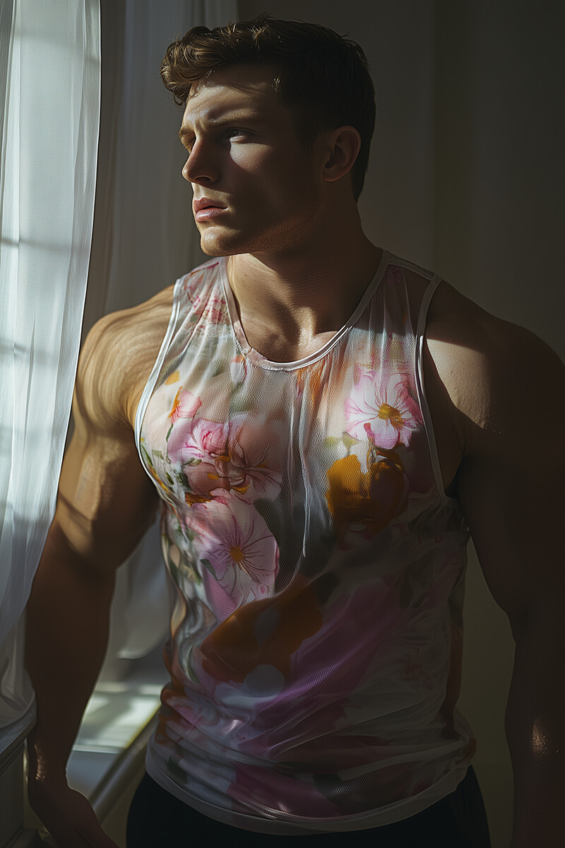 Men's Floral Print Mesh See Through Slim Fit Tank Top