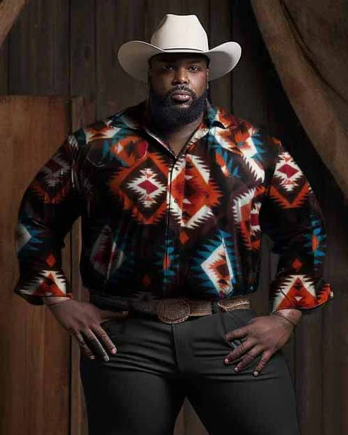 Men's  Plus Size  Native Pattern Fleece Western Shirt in Brown & Orange Long Sleeve Trousers Two-Piece Set