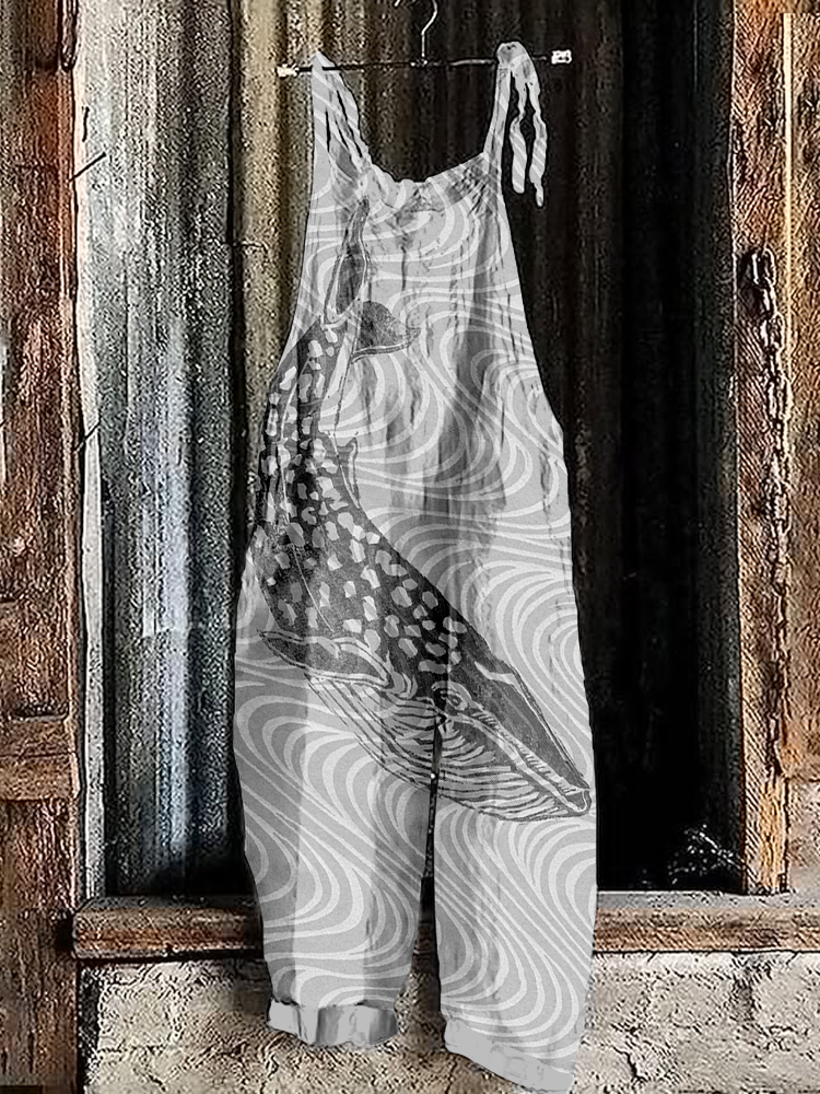 Comstylish Ocean Whale Lino Art Linen Blend Loose Fit Jumpsuit