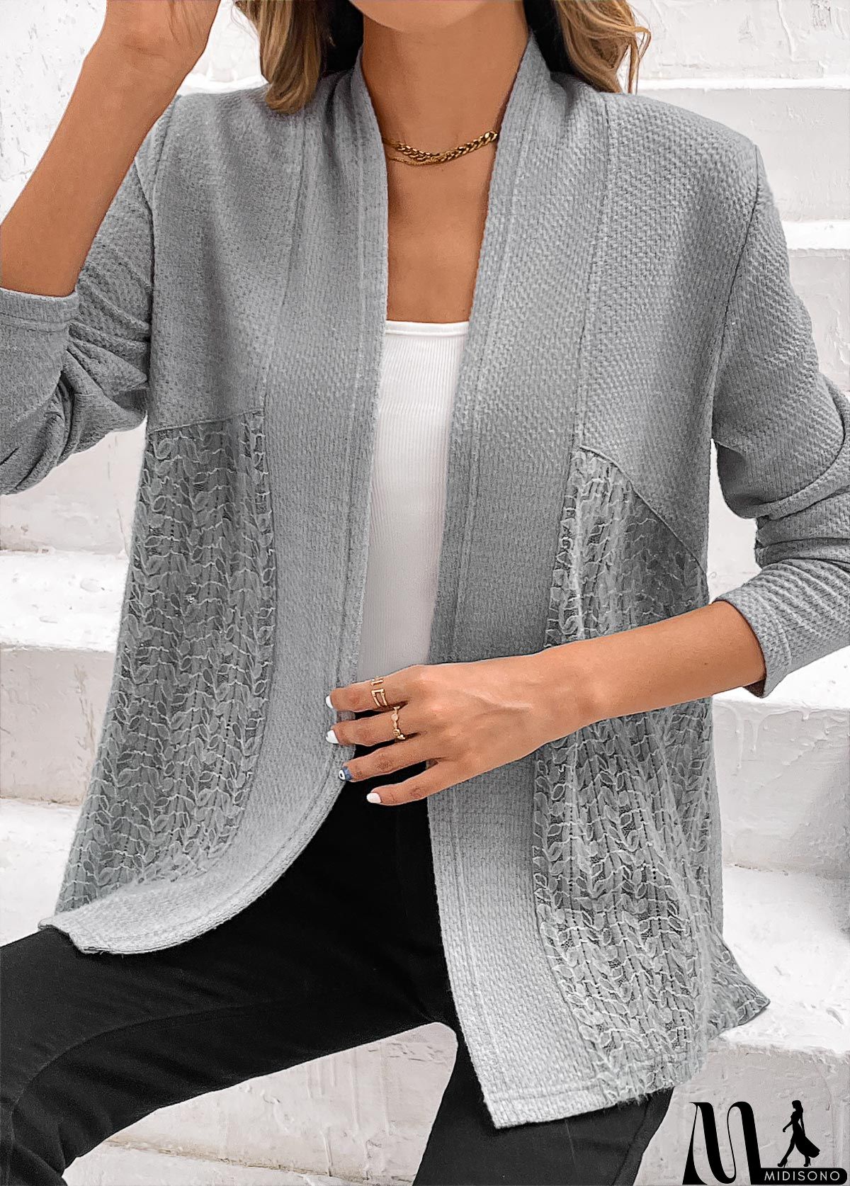 MidiSono - Plus Size Grey Patchwork Long Sleeve Cardigan