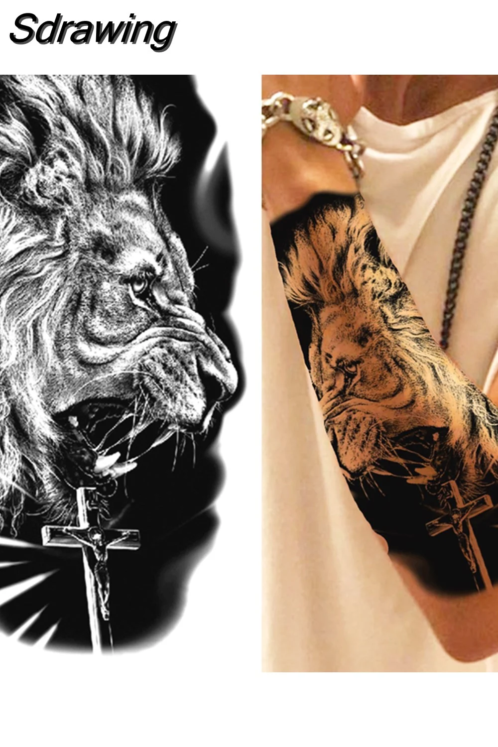 Sdrawing Lion Temporary Tattoo For Women Men Adult Skull Tiger Wolf Forest Tattoo Sticker Black Fake Realistic Demon Tatoos Forearm 430-1