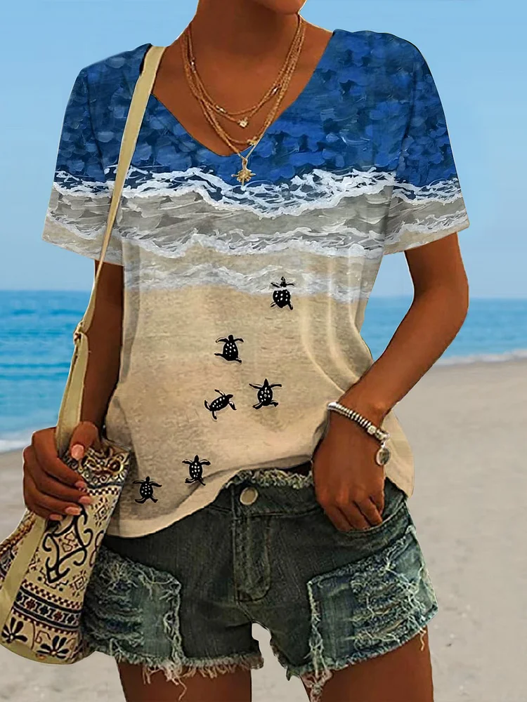 🔥Buy 3 Get 10% Off🔥Women's Hawaiian Turtle Print Casual V-Neck T-Shirt