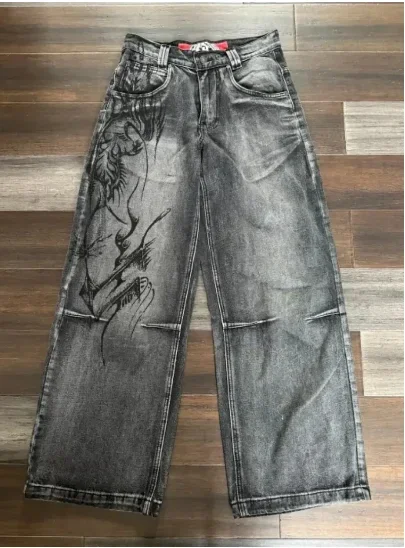 Aonga New American Retro Washed Loose Jeans Female Y2K High Street Harajuku Do Old Personalized Pattern Straight Pants Street Clothes aonga