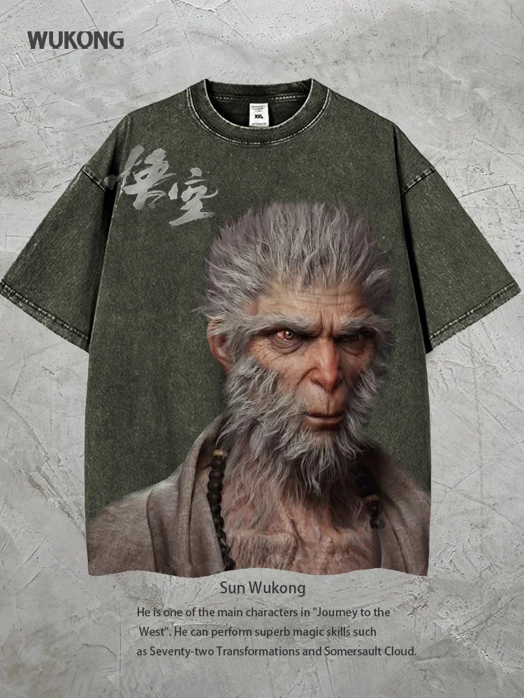 Unisex Retro Washed Journey to the West Culture Monkey King Flying Printed Short Sleeve T-shirt