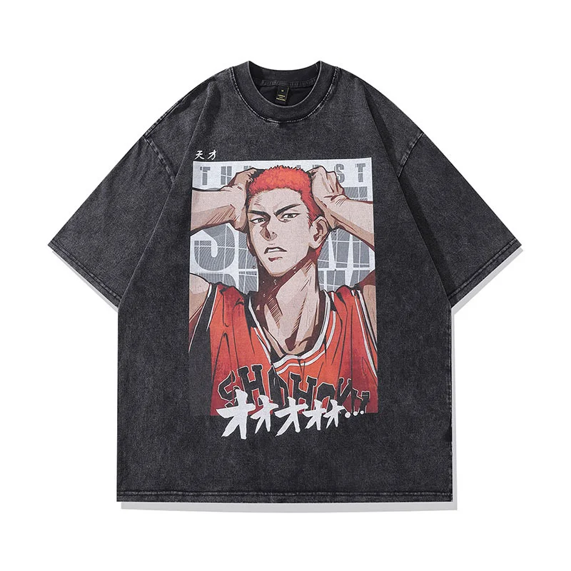 Men's Harajuku Street Cartoon Anime Portrait Printed Hip Hop Style Short Sleeve T-shirt  Retro Loose Half Sleeve T-shirt