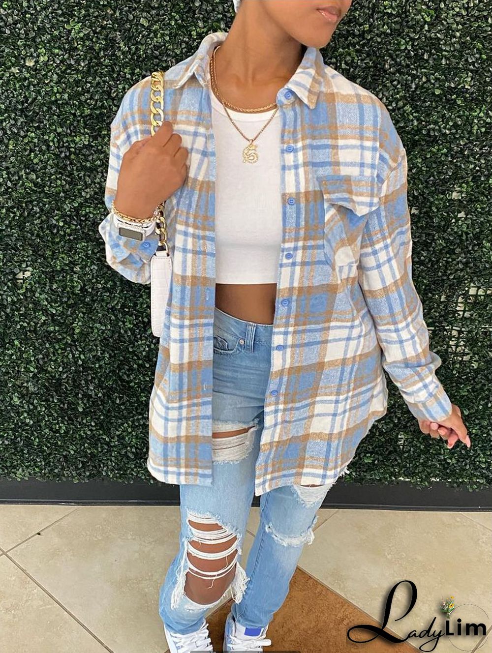 Women's Fall/Winter Turndown Collar Button Pocket Long Sleeve Plus Size Shirt Jacket