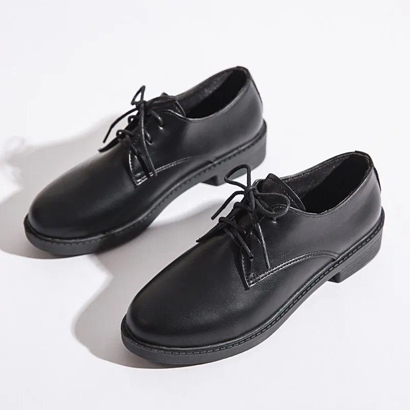Women Platform Flat Oxford Shoes Black Lace Up Leather Casual Round Toe Spring Autumn Shoes Heighten Waterproof Shoes Plus Siz