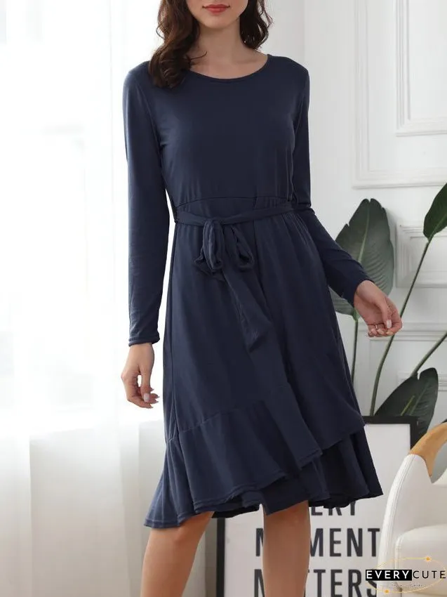 Dresses Solid Tie Crew Neck Long Sleeve Ruffle Dress for Women