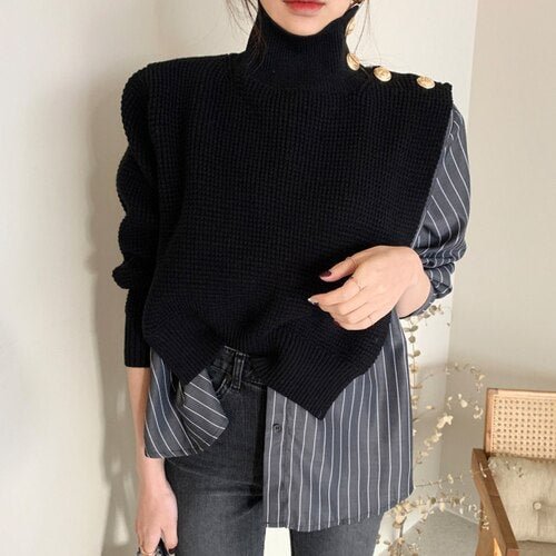 Women Autumn New Sweaters  Striped Panelled Patchwork Turtleneck Sweater Chic Side Buttons Fake Two-piece Female Pullovers PL419