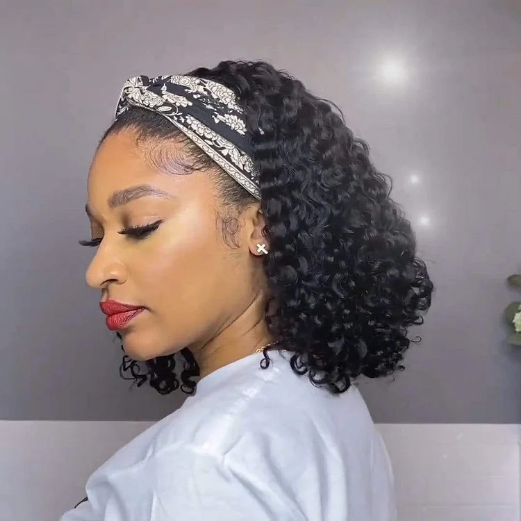 🔥Natural Black Curly Headband Bob Wig