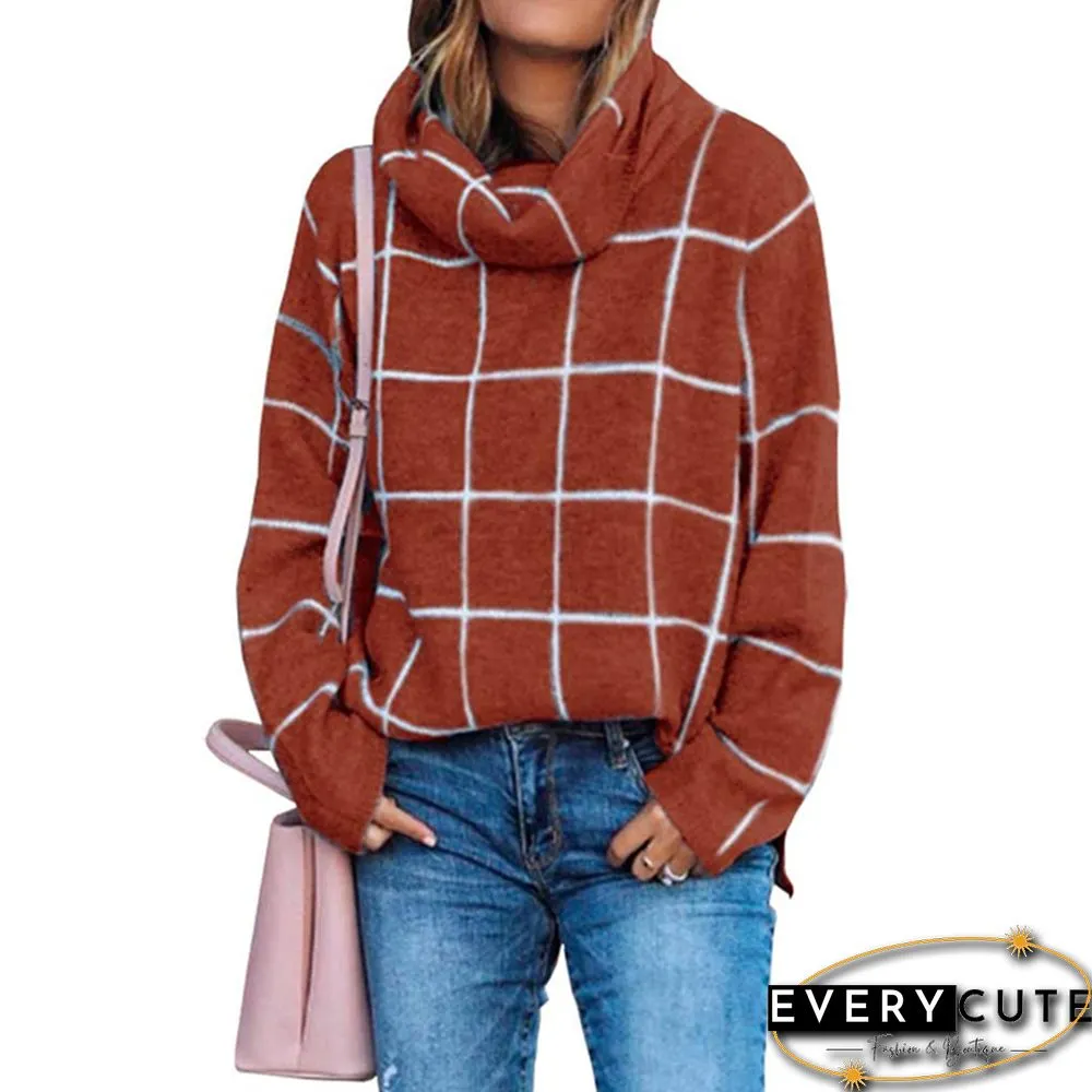 Rust Red Plaid Print Turndown Collar Pullover