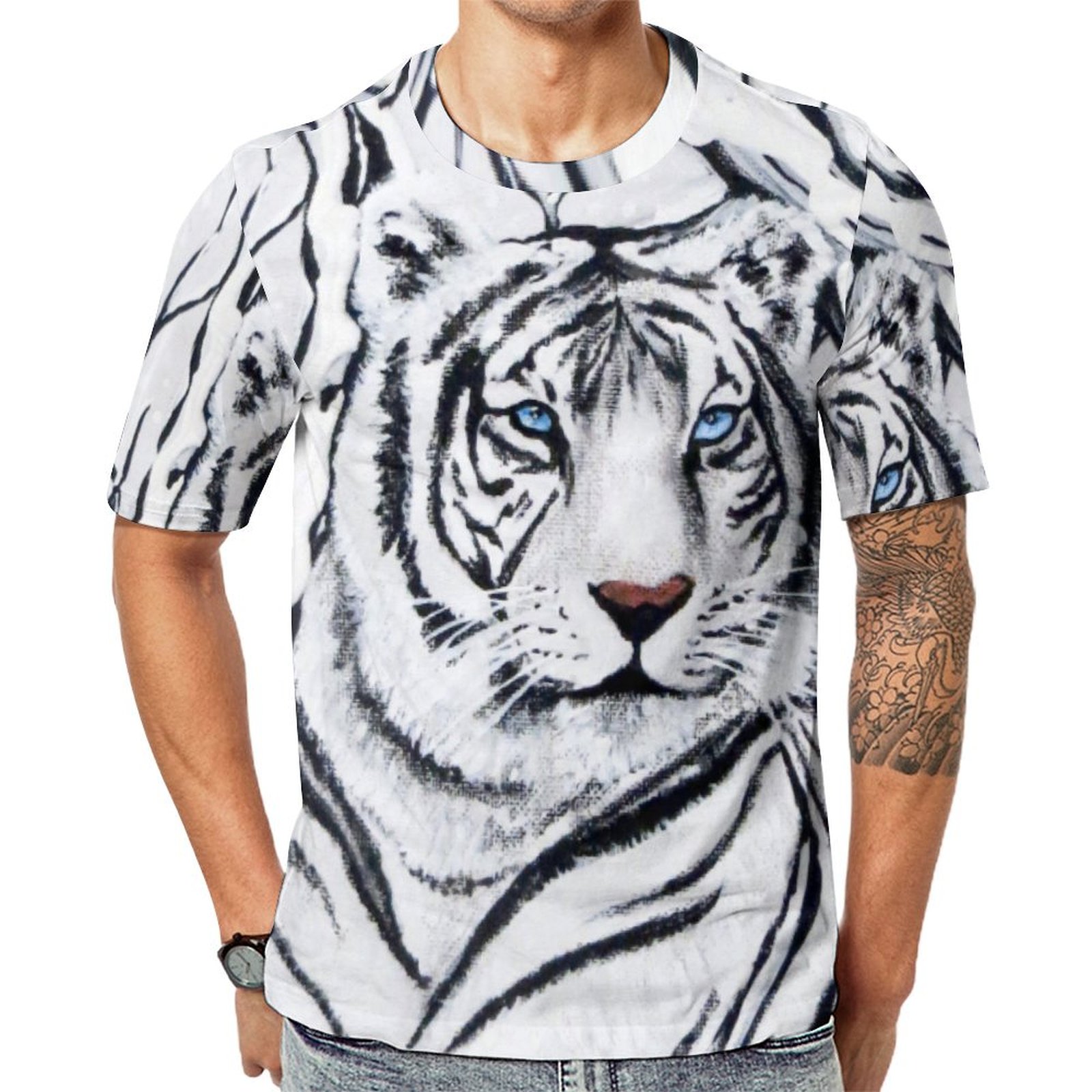 White Black Tiger Head Face Short Sleeve Print Unisex Tshirt Summer Casual Tees for Men and Women Coolcoshirts