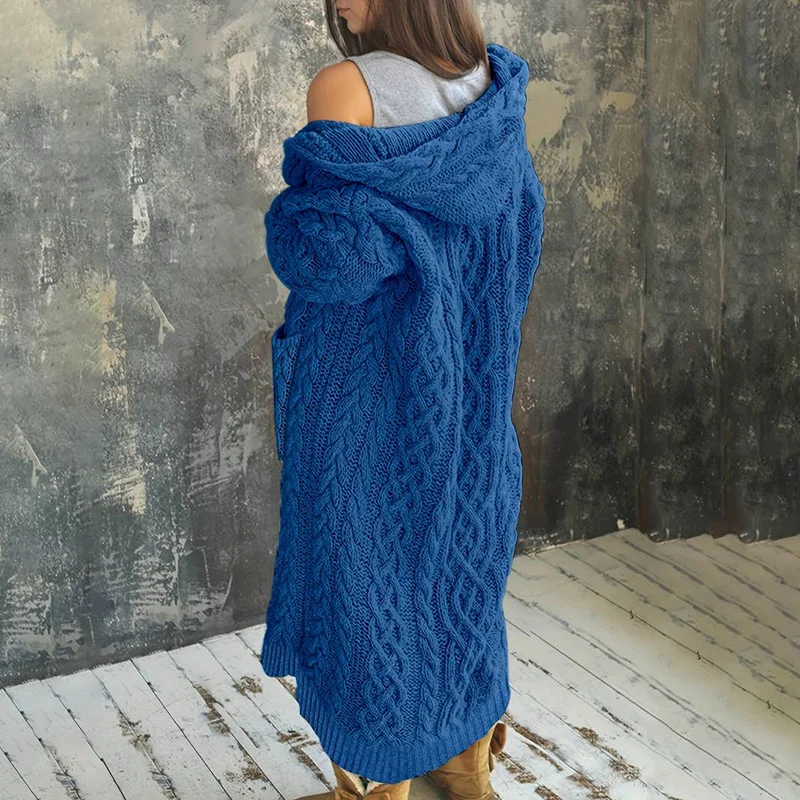 Women'S Solid Color Hooded Knitted Cardigan