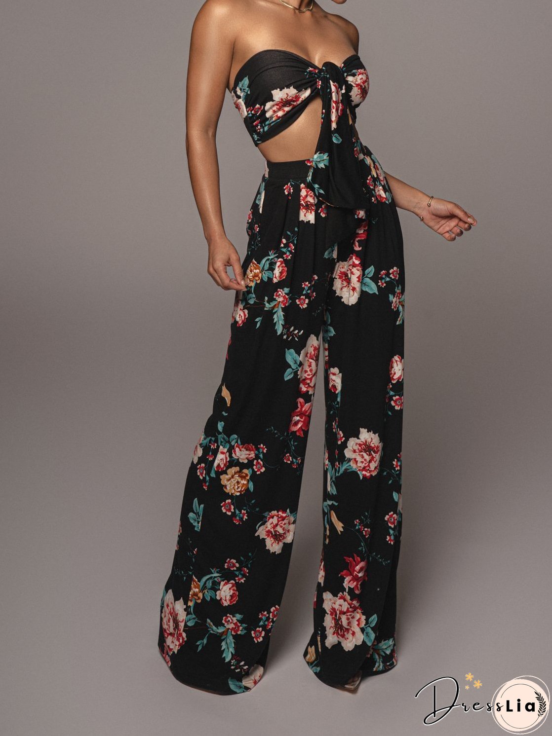 Printed Lace-Up Tube Top & Trousers Two-Piece Suit for Women