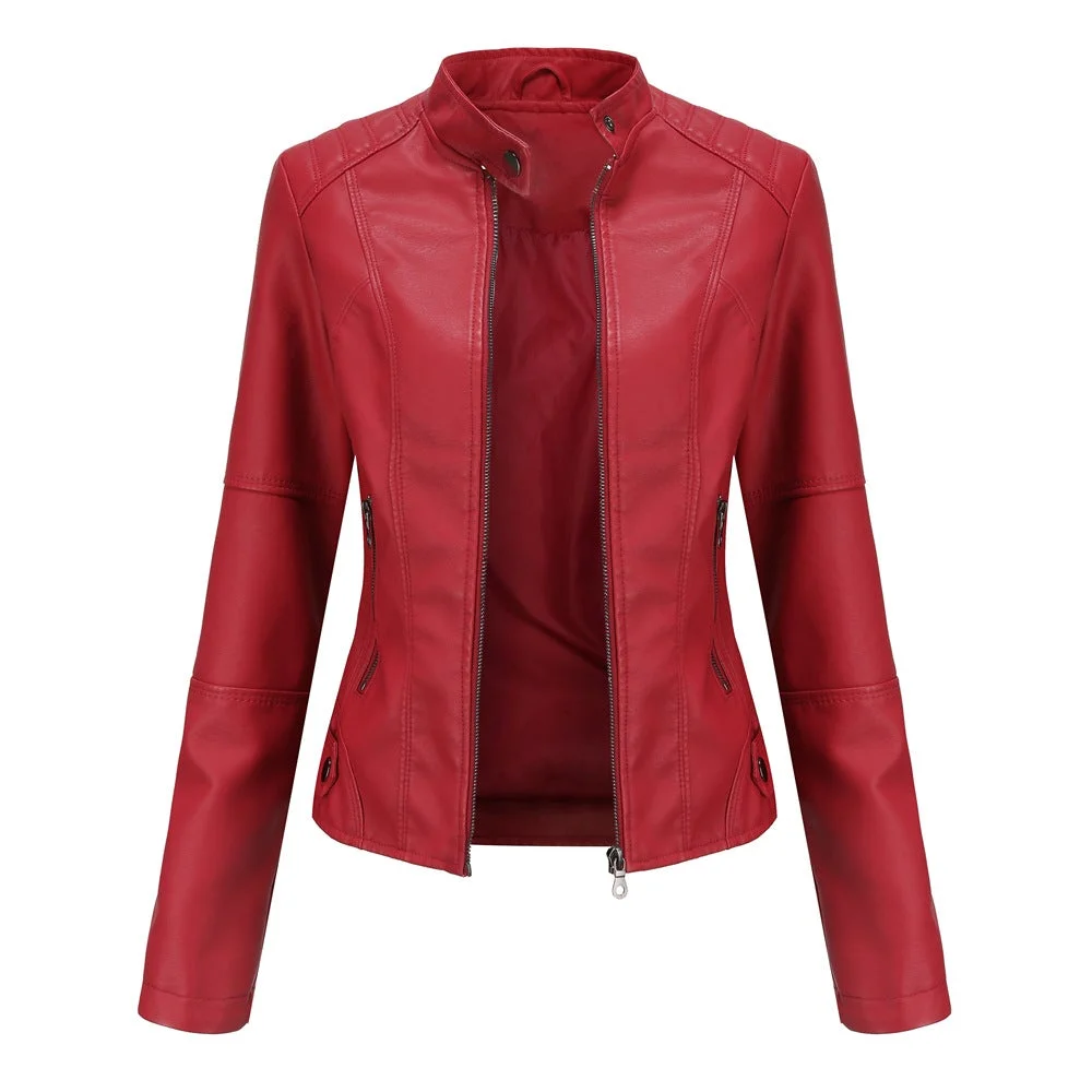 Slim-fit Stand-collar Leather Jacket Woman Biker Jacket