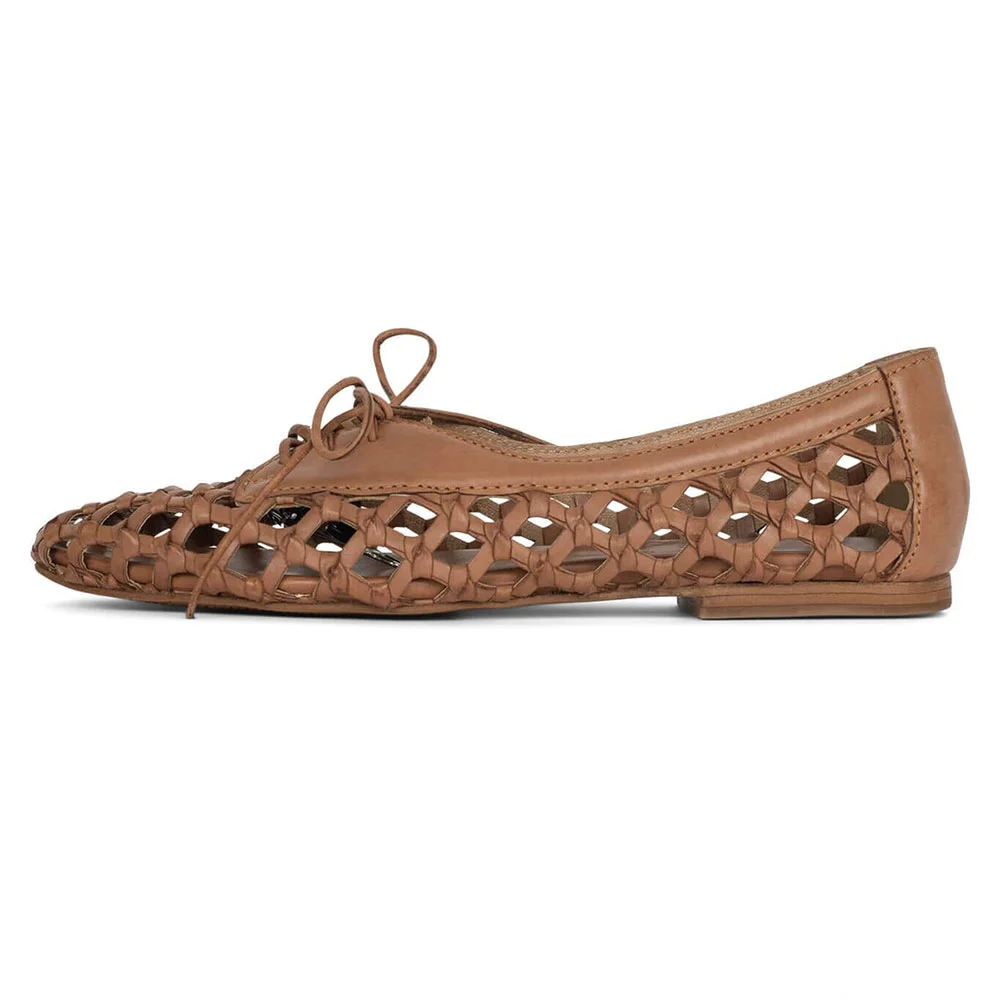 Simple Brown Tie-Up Round Toe Woven Details Flats with Cut-Outs