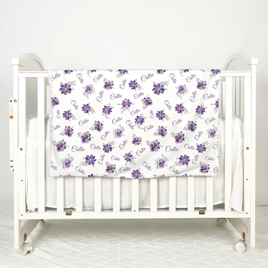 Personalized Purple Flowers Baby Girl Name Blanket 
