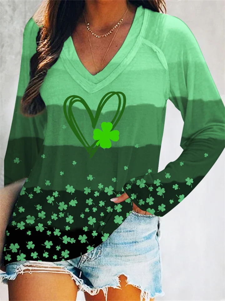 Women's T shirt Tee Grass Green Light Green Army Green Leaf Heart Print Long Sleeve Holiday Weekend Basic V Neck Regular Floral Painting S