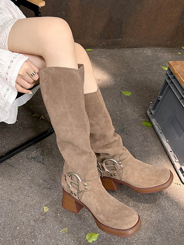 Buckle Round-Toe Split-Joint Velvet Boots Pumps