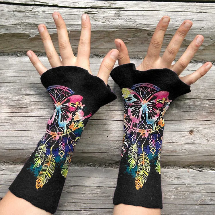 Retro buttrfly dreamcatcher casual print knit fingerless gloves