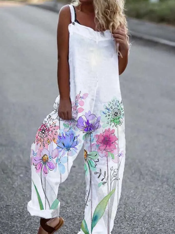 Ladies casual jumpsuit with dandelion flower print